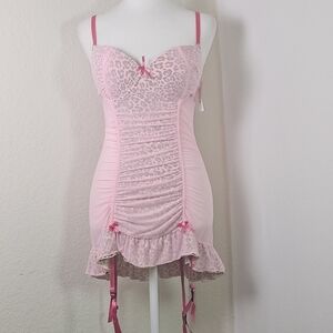 Pink Leopard Print Bustier Slip Dress w/ Garter Straps by Native Intimates, Sz L